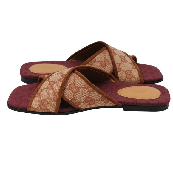 Gucci Women Senior Ruggine Cross Strap Sandals 36.5 US6.5 Red Brown Canvas Slide - Picture 5 of 9